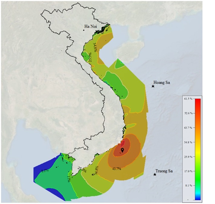 Hình 3. Bản đồ hệ số công suất (net capacity map) của trại gió ngoài khơi 600 MW ở nước ta [7].